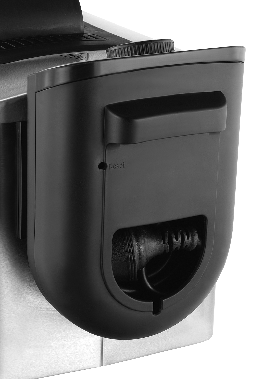 Black appliance component with a power cord. Features a handle and the word 'Reset'. The appliance is attached to a metal surface.