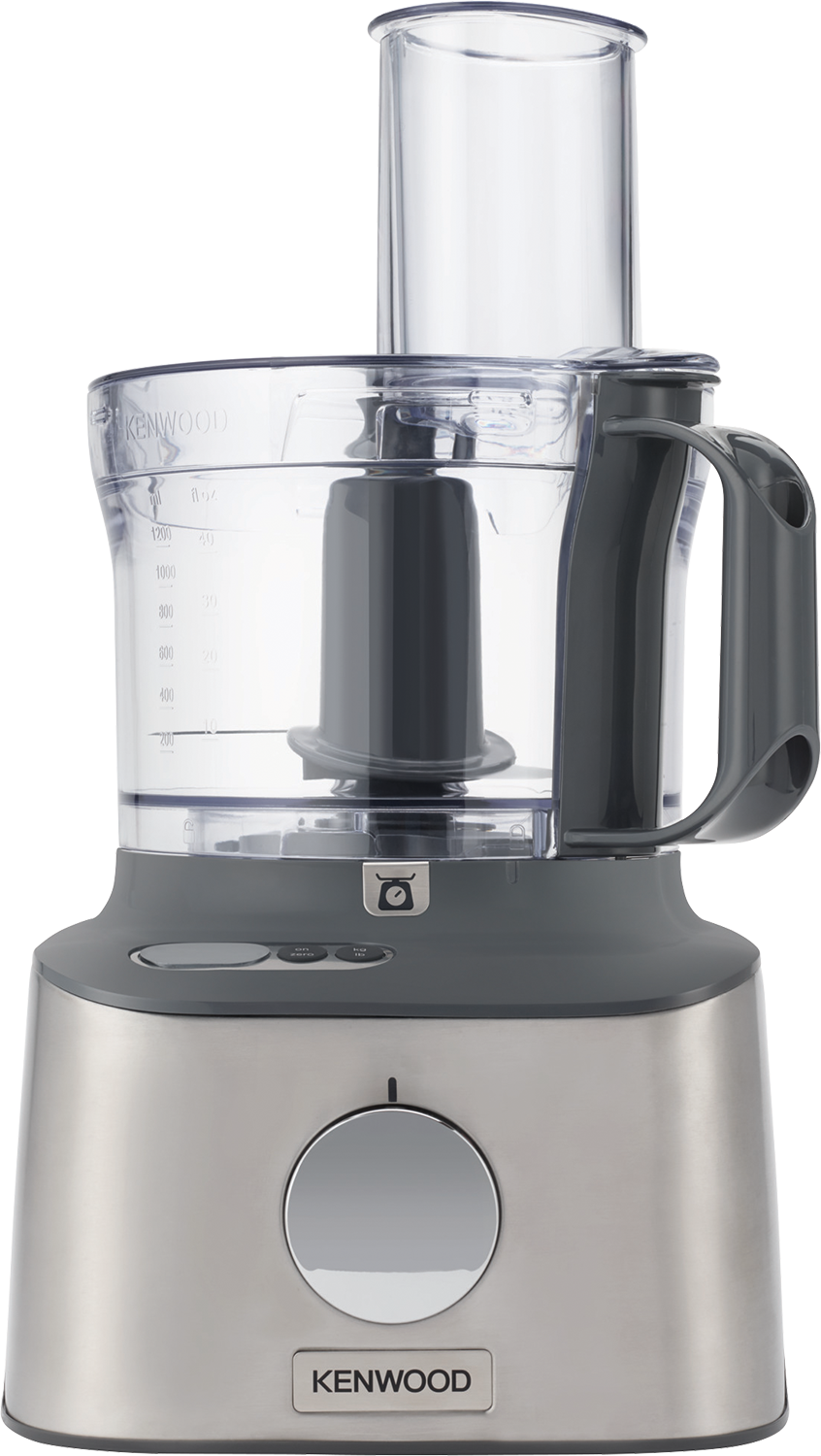 A stainless steel Kenwood food processor. It has a clear plastic bowl and a gray handle.