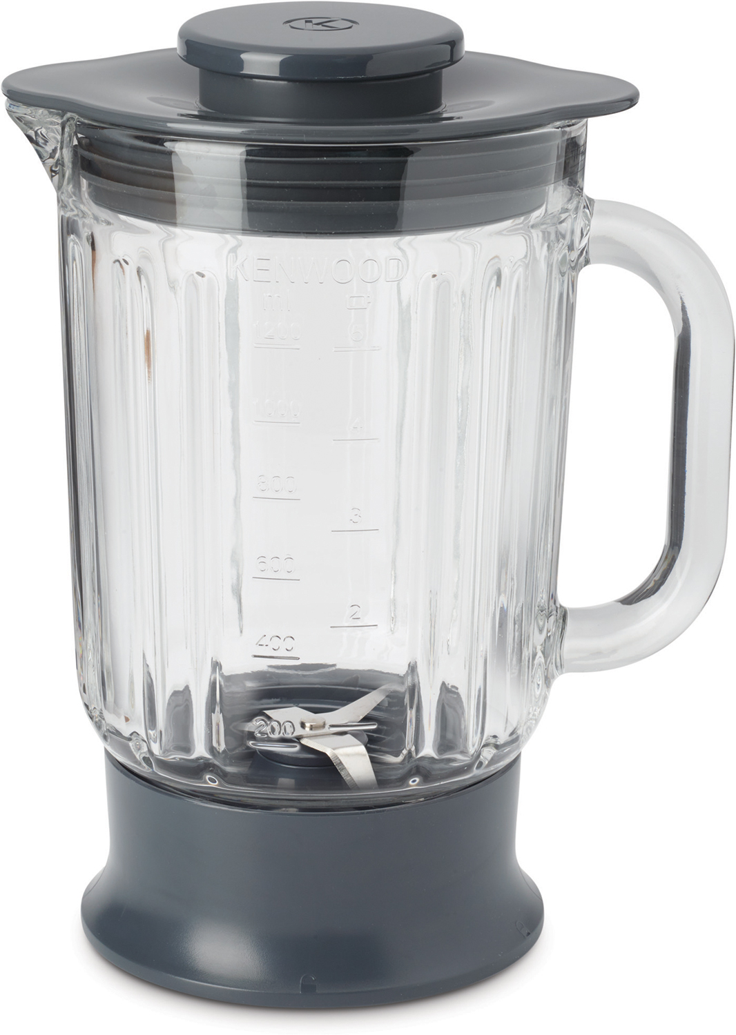 A clear glass blender jar with a gray base and lid.
