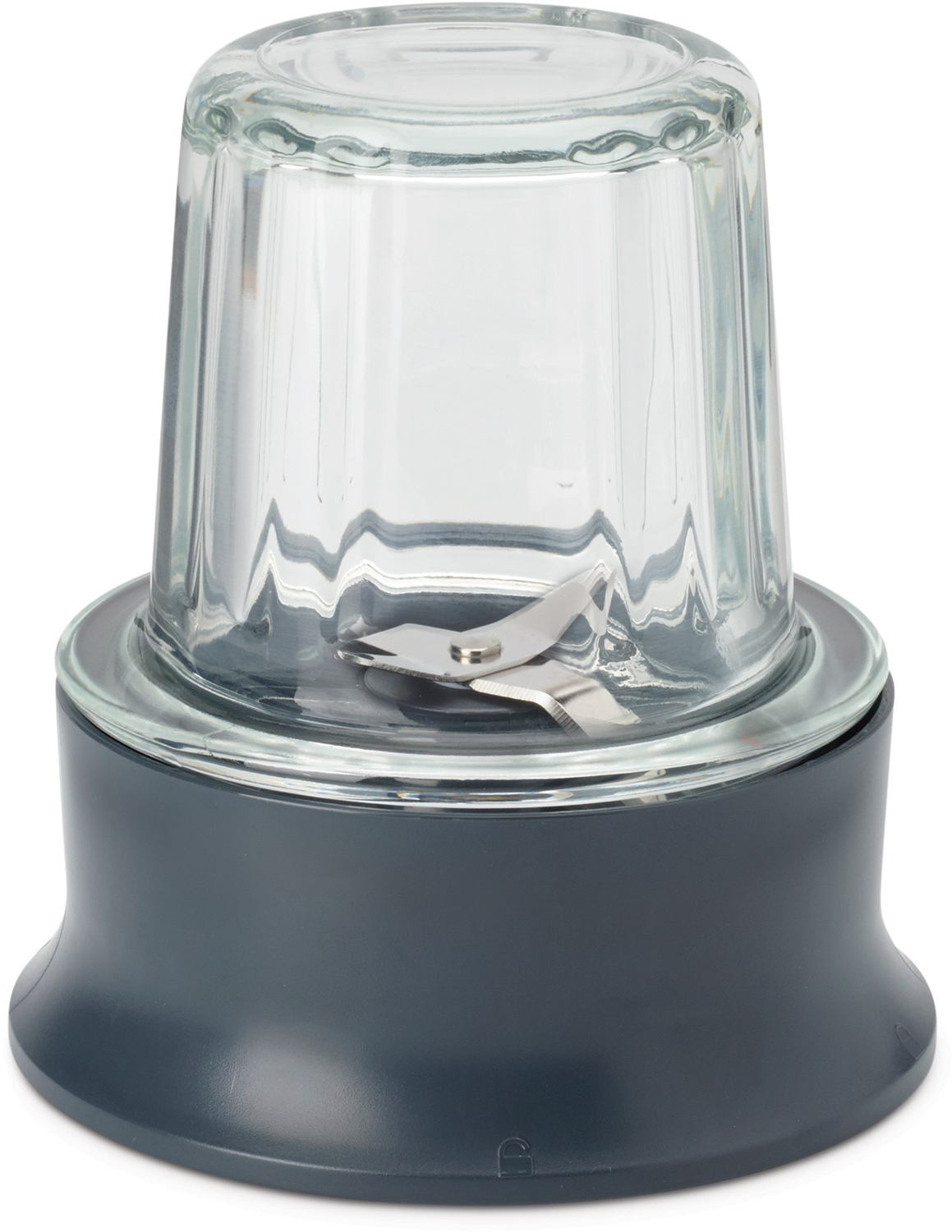 Clear glass blender cup with blades. Gray base. White background.