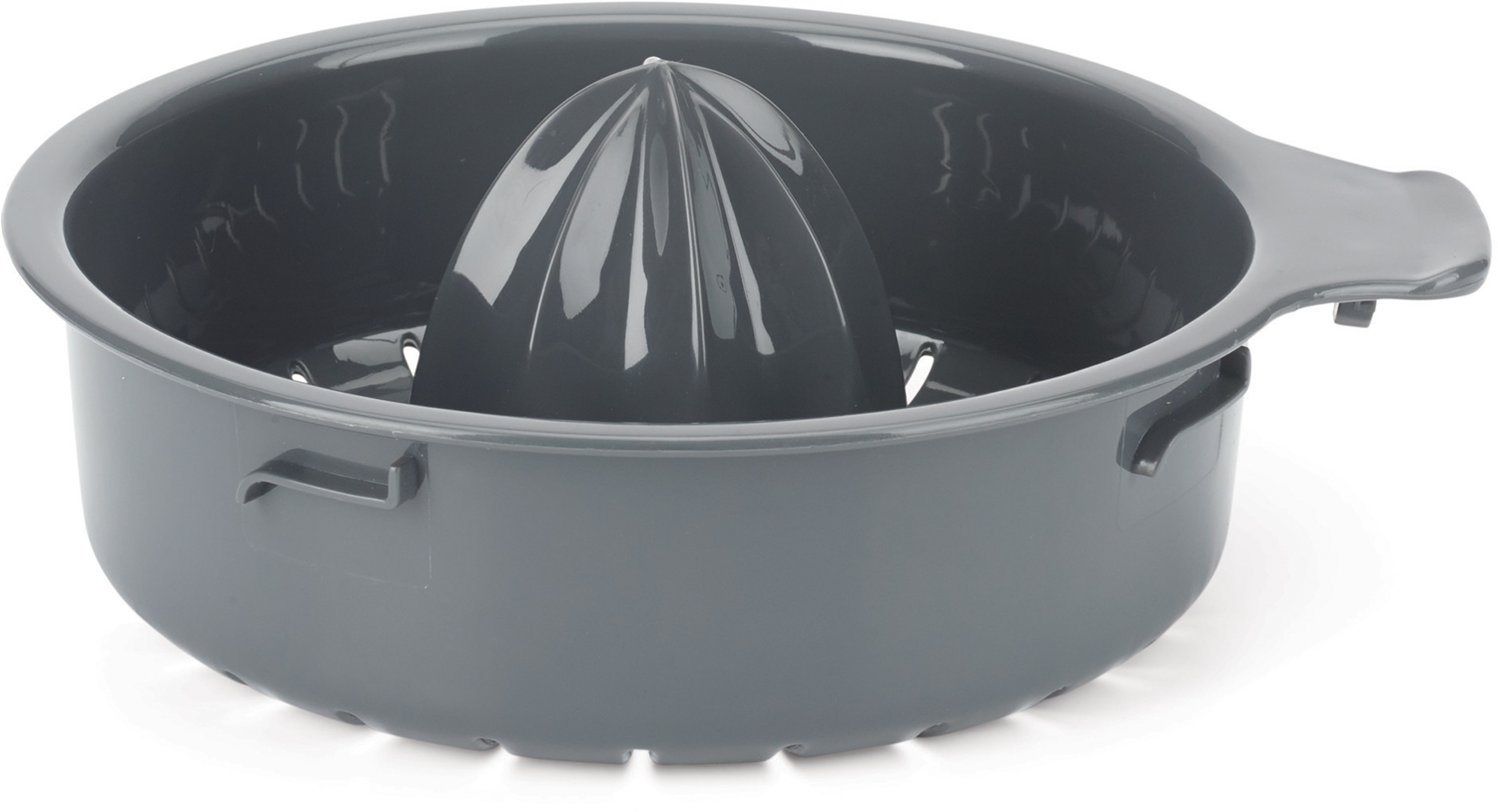 Gray juicer with a conical strainer inside. The background is white.