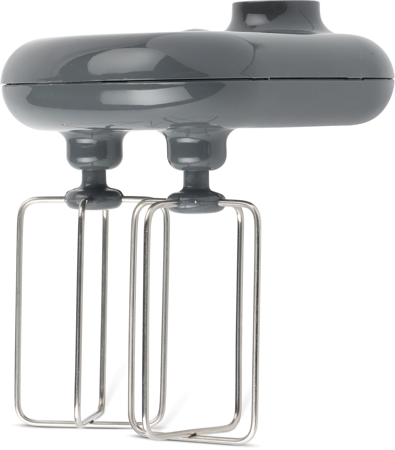 Hand mixer with gray top and two metal beaters.