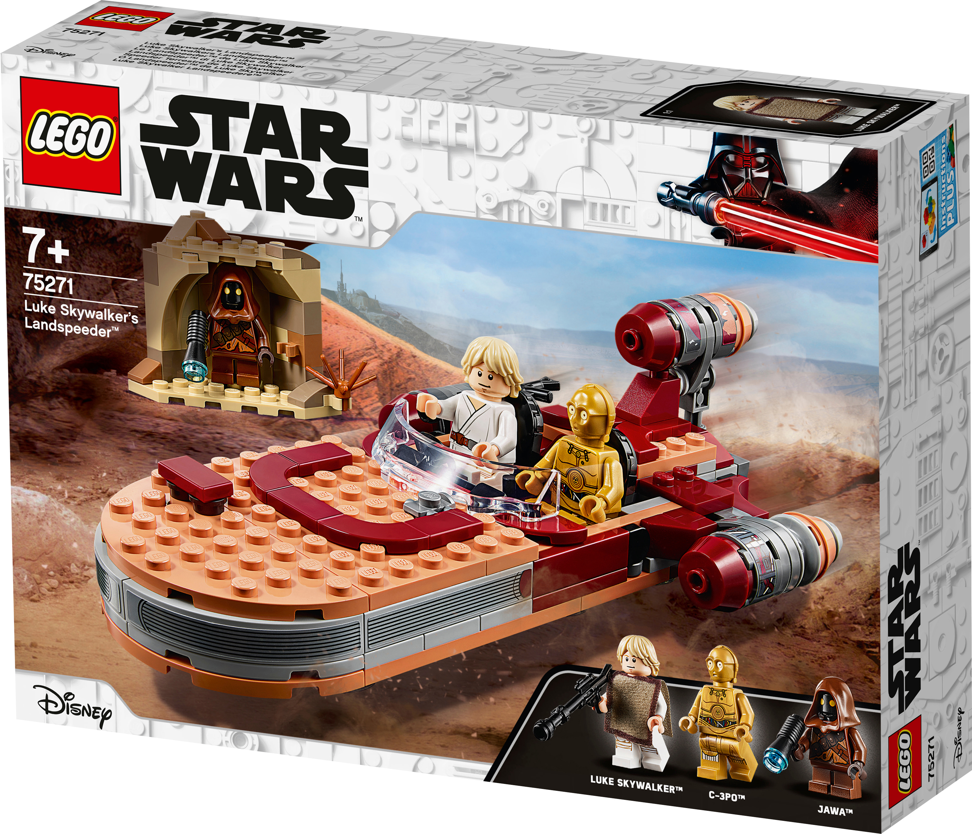 Lego Star Wars Set-Box. Luke Skywalker und C-3PO sind im Landspeeder. Der Hintergrund zeigt eine Wüste.