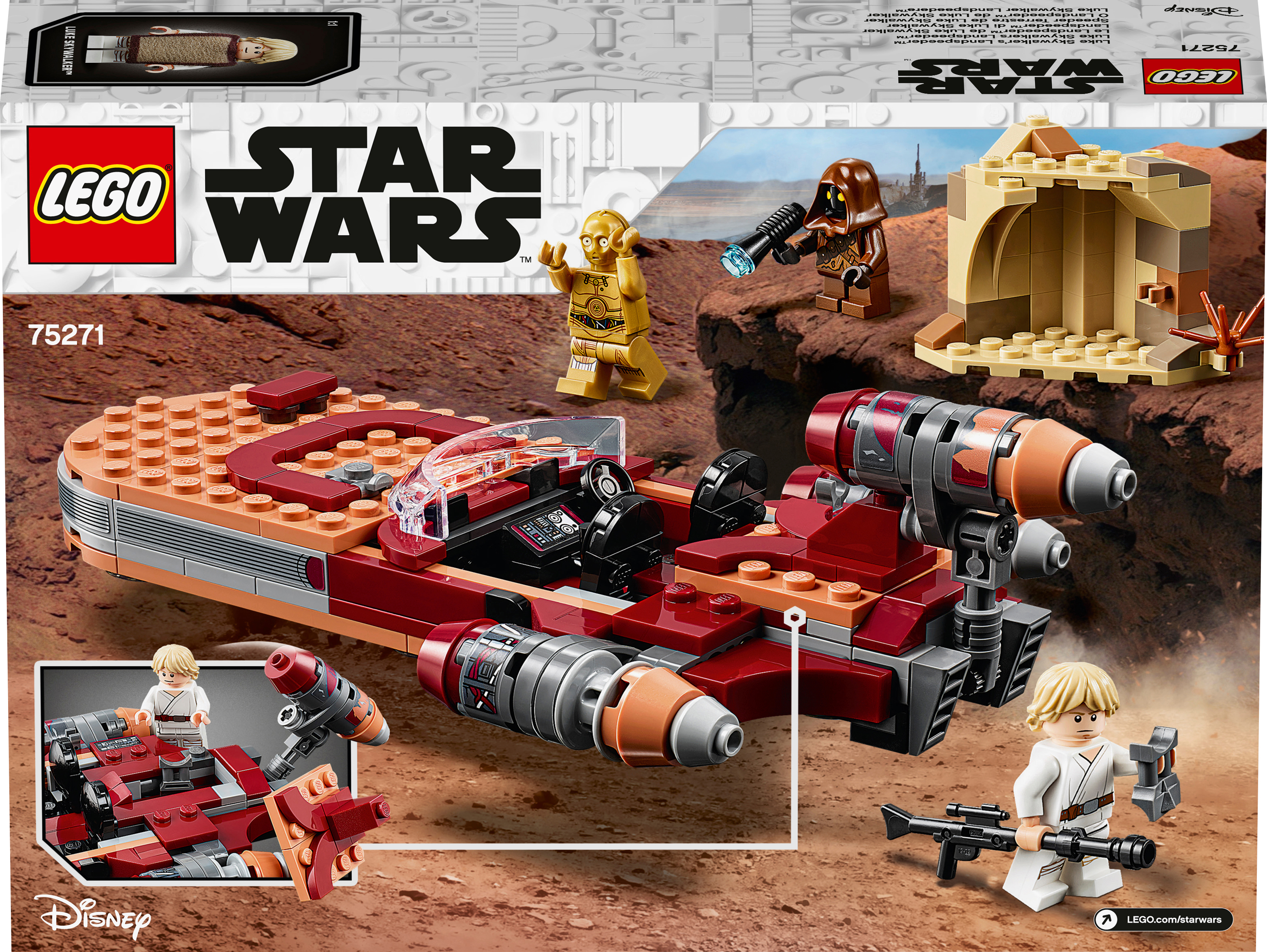 LEGO Star Wars Set-Box. Zeigt einen Speeder, Luke Skywalker Figur und andere Star Wars Charaktere.