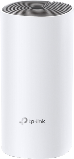 Witte cilindrische apparaat met gebogen bovenkant, TP-Link logo onderaan.