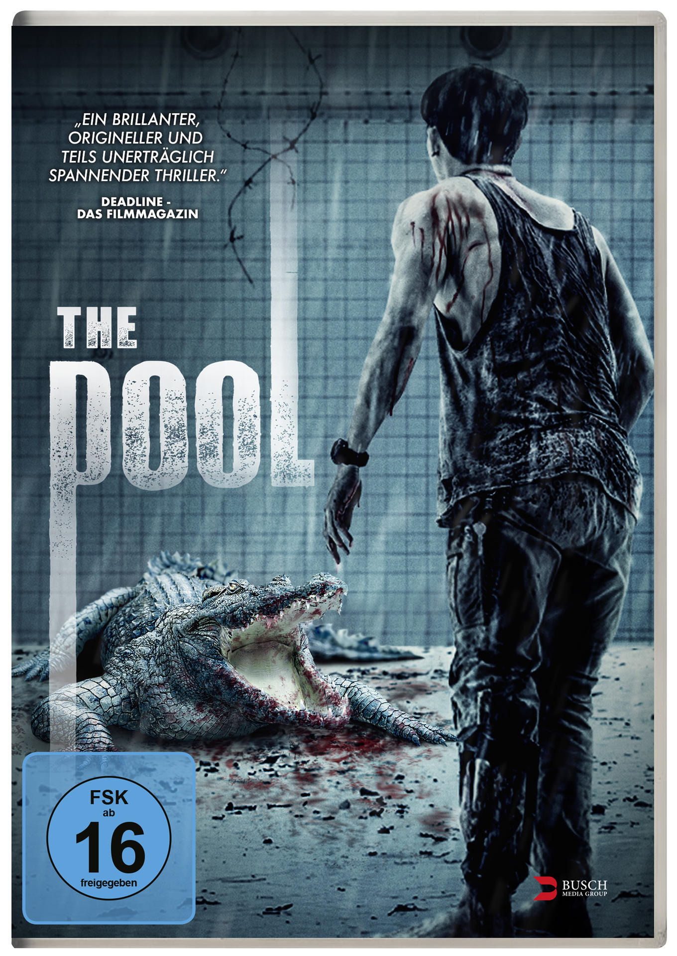 DVD-Cover von "The Pool" mit einem Mann, der einem Krokodil gegenübersteht, mit einer blutigen Szene.