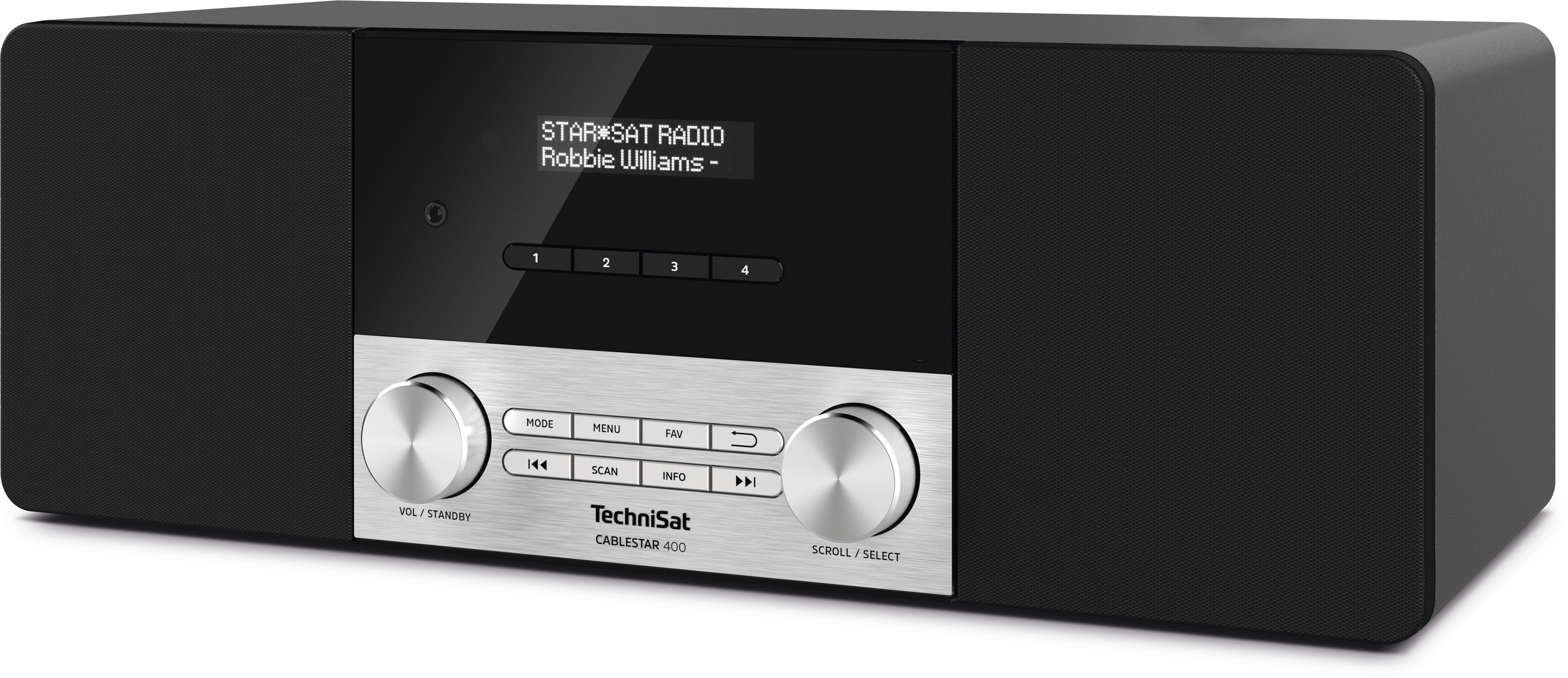 Schwarzes und silbernes TechniSat-Radio. Das Display zeigt STAR*SAT RADIO und Robbie Williams. Hat Lautstärke- und Scrollknöpfe.