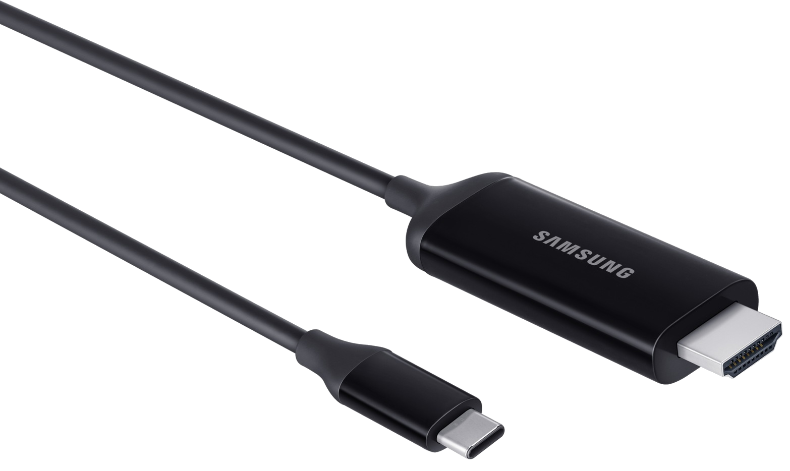 Egy fekete Samsung USB-C-HDMI kábel. A kábel egyik végén USB-C, a másikon HDMI csatlakozó található.