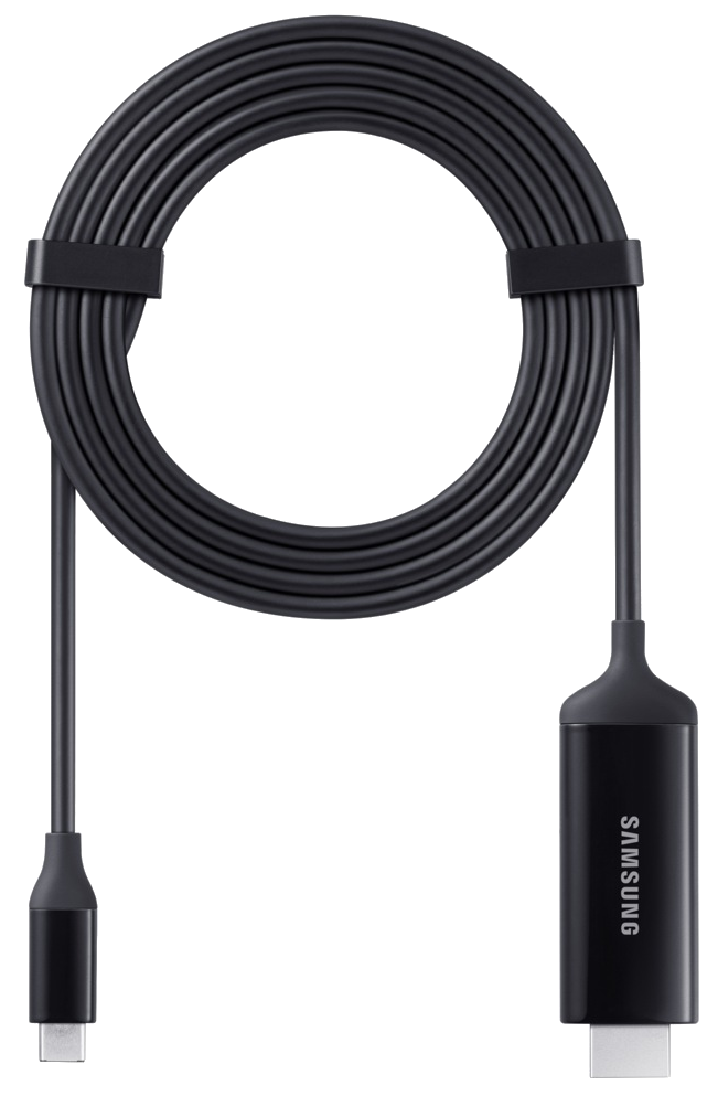 Fekete Samsung USB-C kábel. A kábel hurkot alkot. Csatlakozók mindkét végén. Samsung logó látható az egyik csatlakozón.
