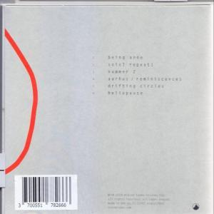 Rückseite eines Albums. Grauer Hintergrund, rote Linie, Titelliste und Barcode.
