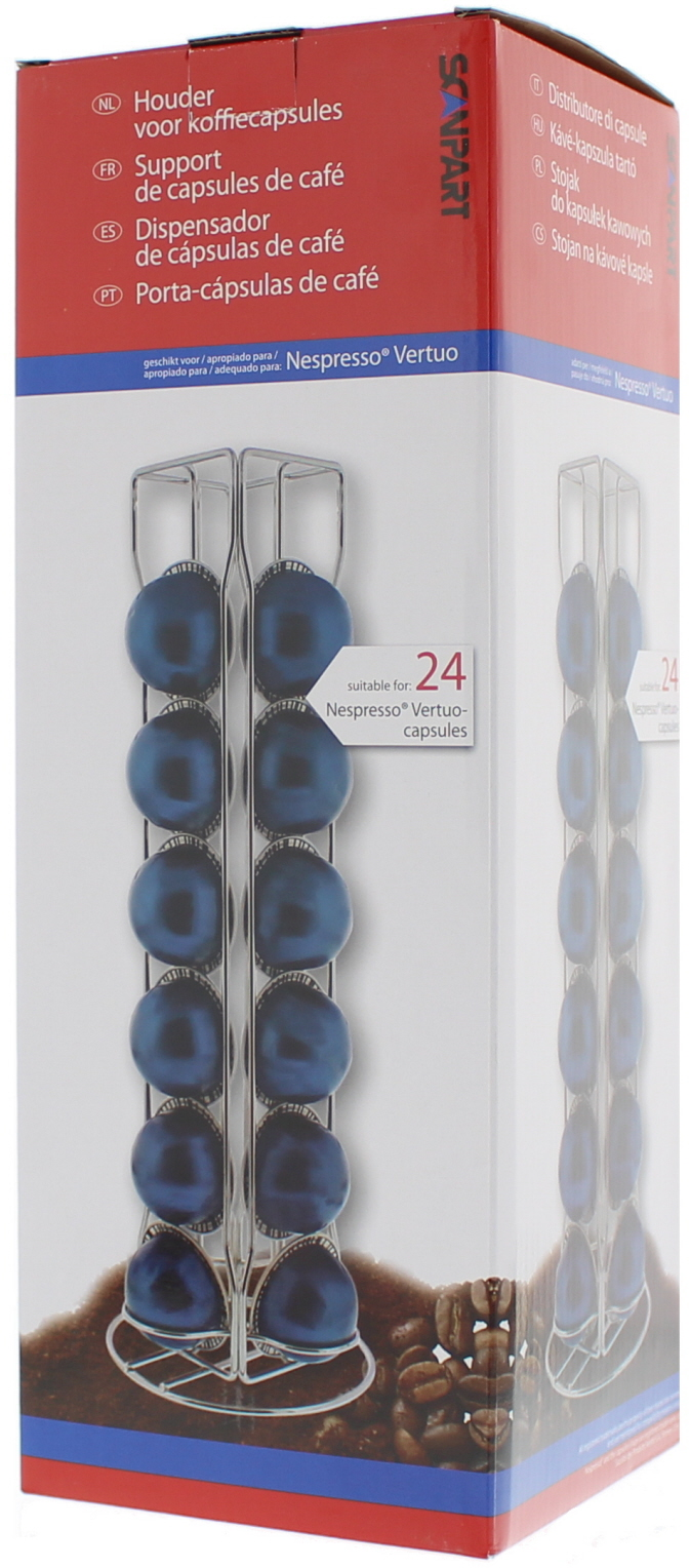 Egy doboz kék Nespresso Vertuo kávékapszulák kijelzőjével egy tartóban.