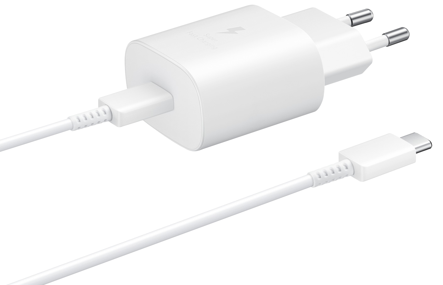 Fehér telefontöltő USB-C kábellel. Fekete háttér.