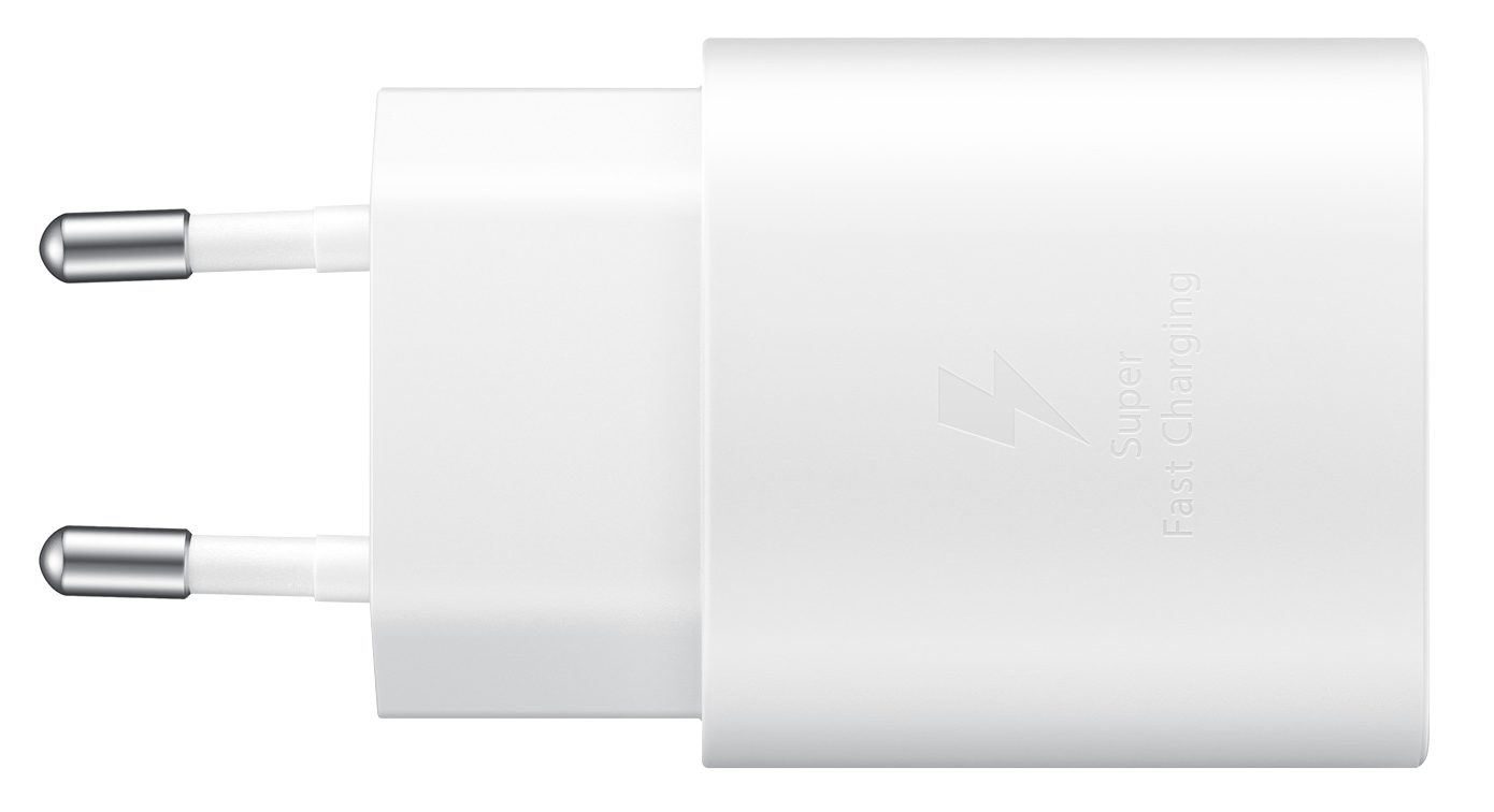 A képen egy fehér Samsung töltő látható. USB-C porttal és a 'Super Fast Charging' felirattal rendelkezik.