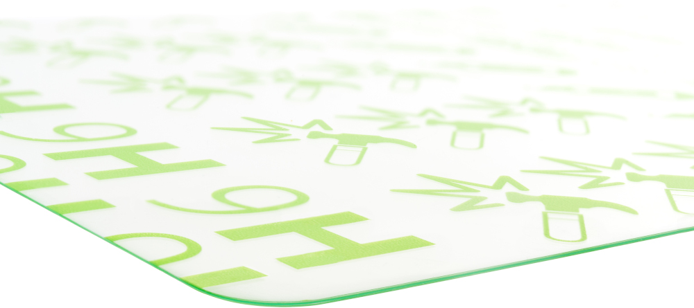 Une feuille de plastique transparente avec une bordure verte et des symboles de marteau verts.