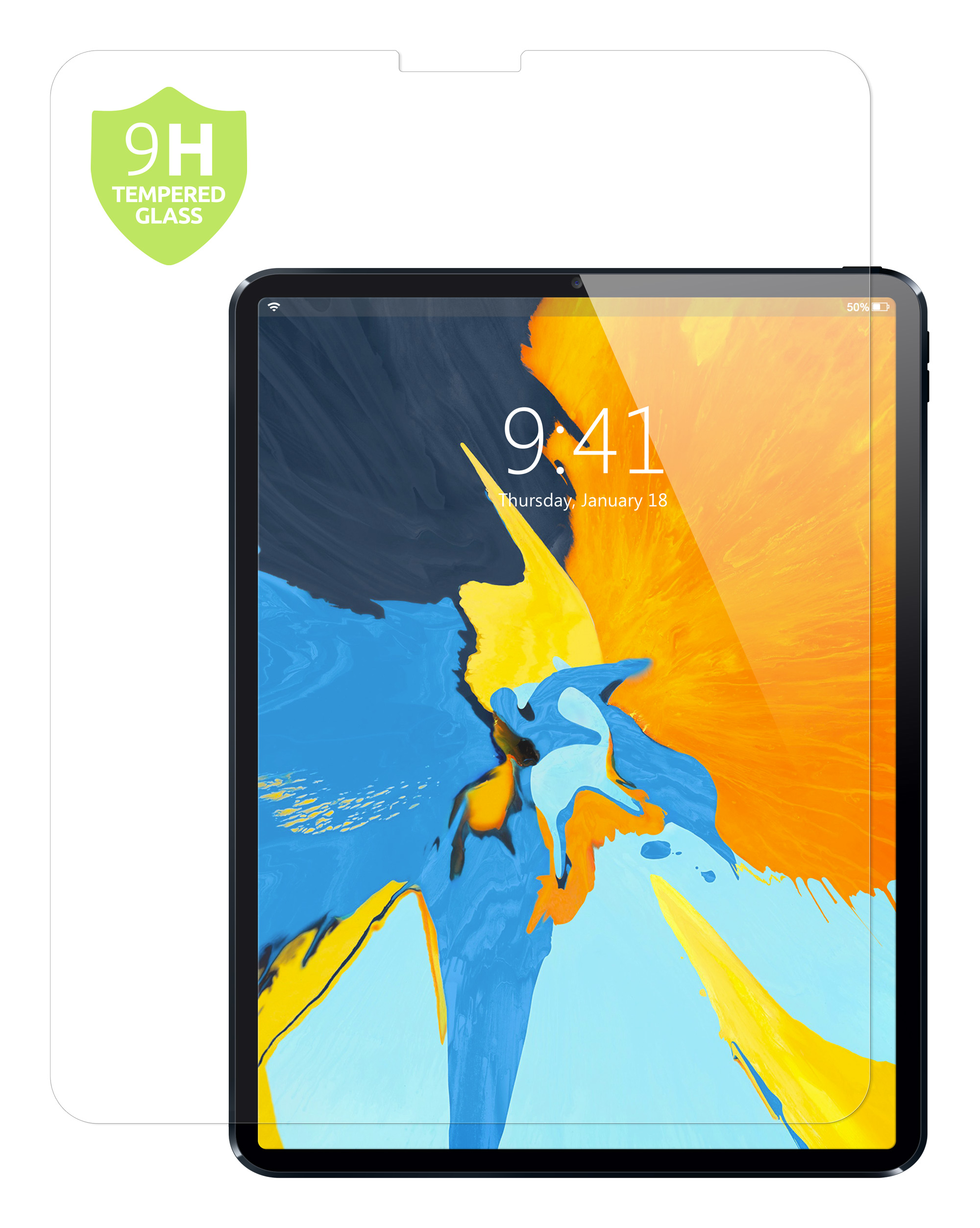 Tablette avec protecteur d'écran. Texte : 9H Tempered Glass. Affiche l'heure 9:41.