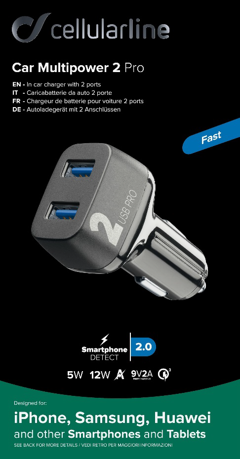 Schwarzes und graues Autoladegerät mit zwei USB-Anschlüssen. Das Ladegerät ist beschriftet 