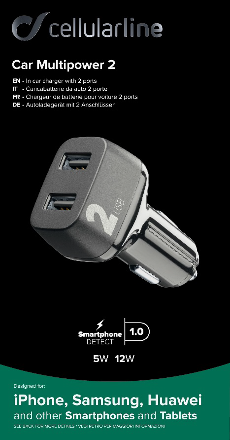 Ein schwarz-graues Autoladegerät mit zwei USB-Anschlüssen.