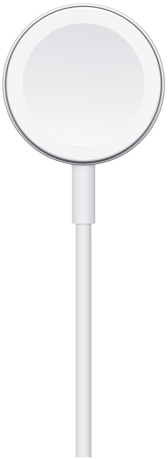Weißes Apple Watch-Ladekabel mit rundem Ladegerätkopf.