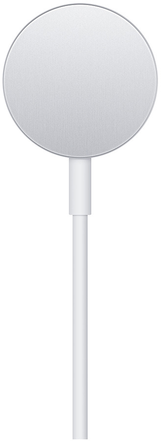 Ein weißes Apple-Ladekabel mit einem kreisförmigen Ladeende.