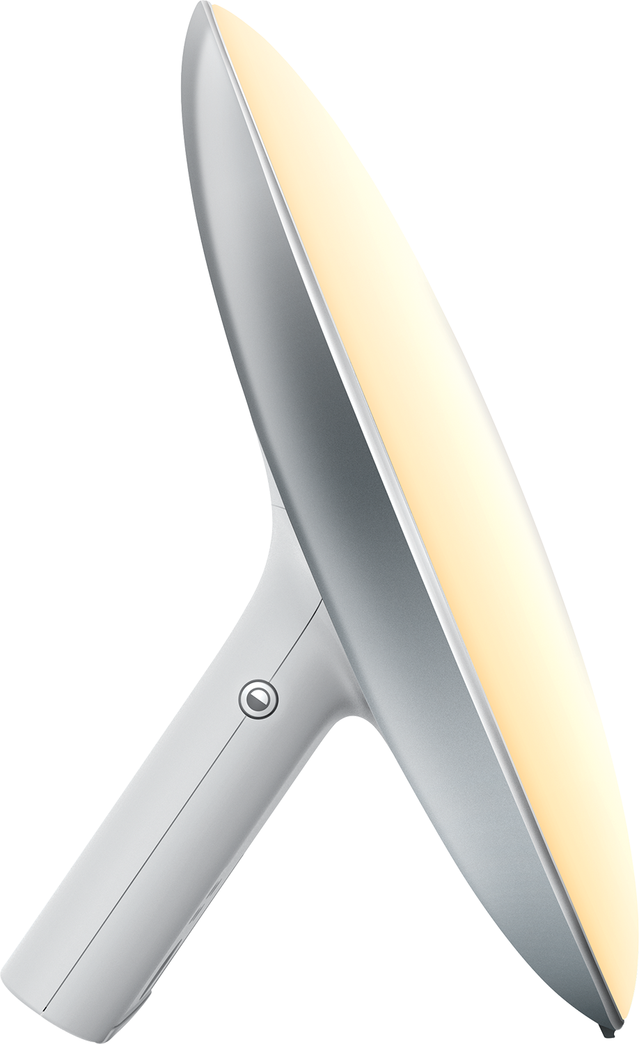 Zilveren en witte lichttherapielamp. Het heeft een ovaal licht en een handvat. Het licht is aan.