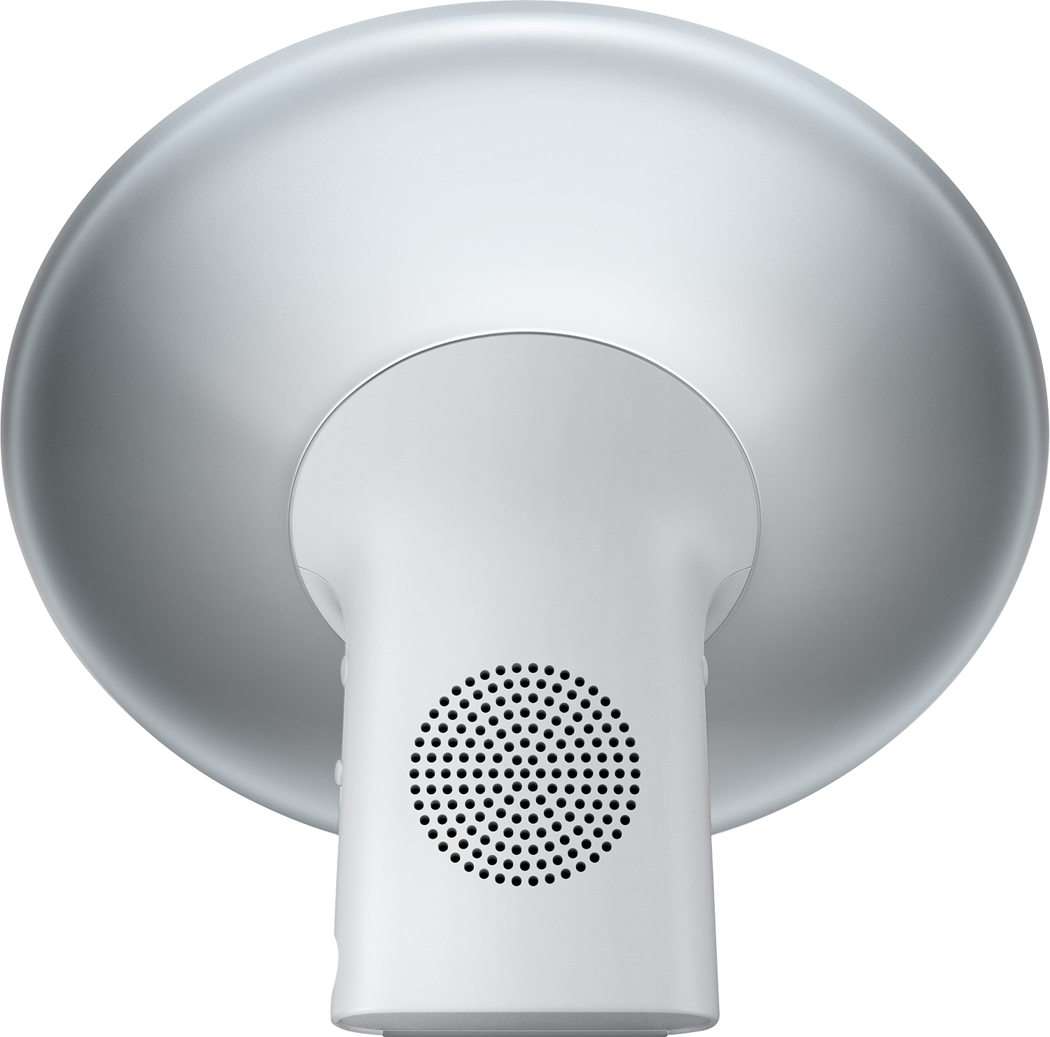 Een glanzende zilveren lamp met een afgeronde bovenkant en een witte basis, van achteren bekeken.