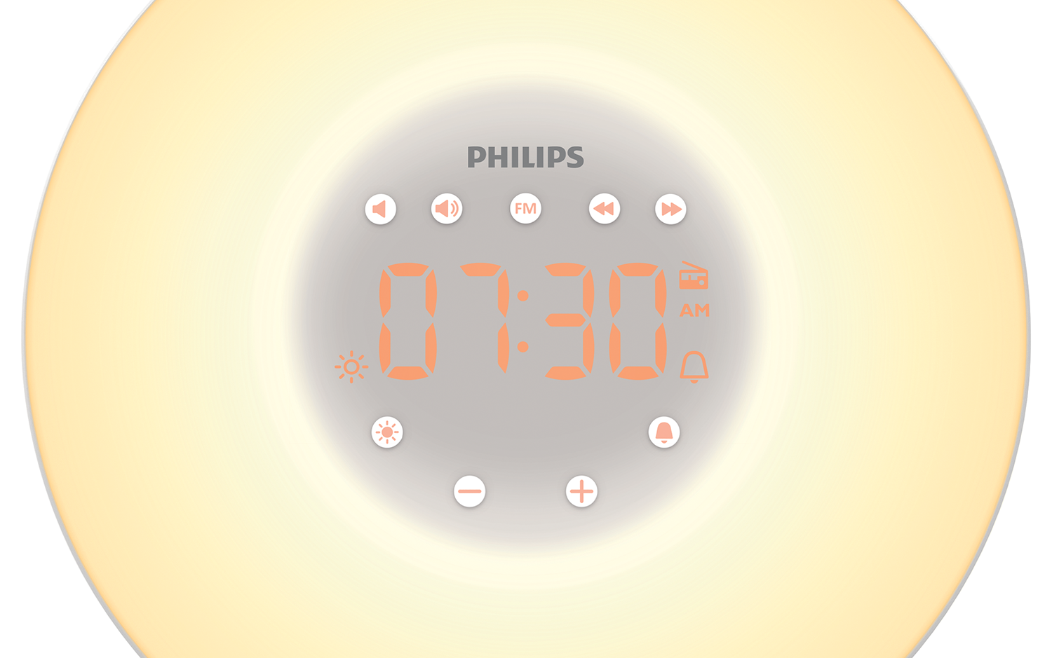 Een digitale wekker. De tijd die wordt weergegeven is 07:30 AM, met verschillende knoppen en fel licht.