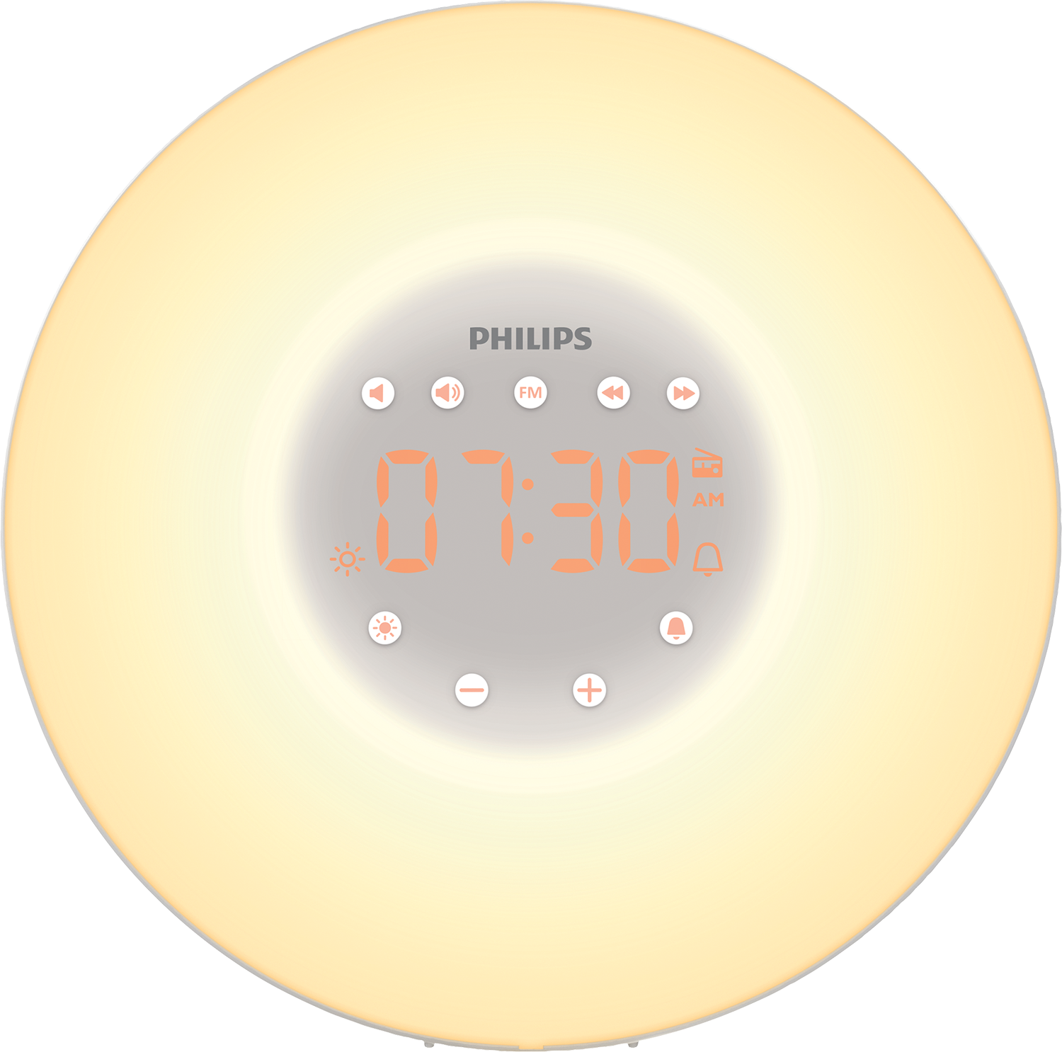 Een ronde, witte en gele Philips wake-up light met een digitaal klokdisplay.