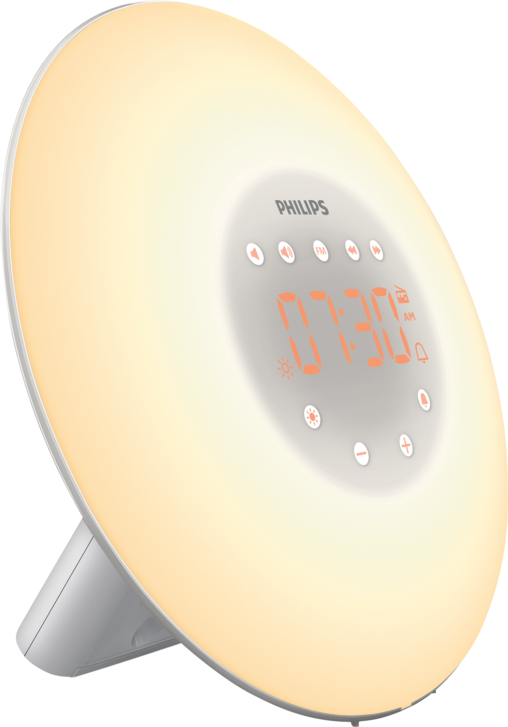 Een witte Philips wekker met een oplichtende wijzerplaat, met oranje cijfers. De klok heeft knoppen en een standaard.