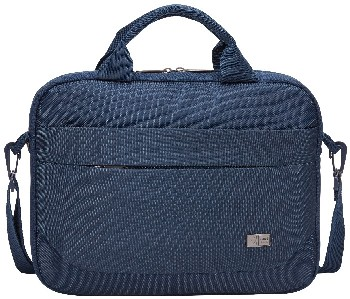 Bolso de tela azul con asas y correa para el hombro.