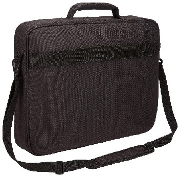 Bolsa para portátil negra con asa y bandolera, aislada sobre blanco.