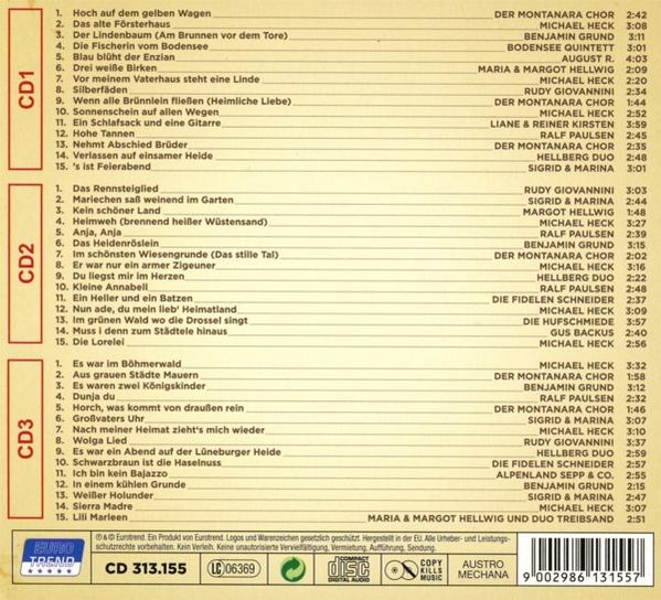 Die Rückseite einer Musik-CD-Hülle. Text listet Songtitel und Künstlernamen auf. Der Hintergrund ist beige.
