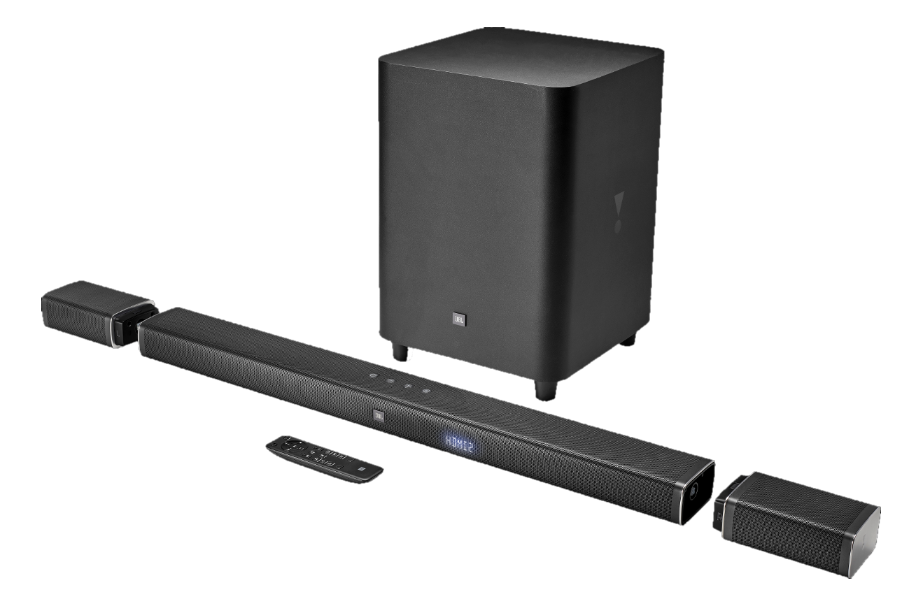 Système de barre de son JBL avec un caisson de basses, deux enceintes satellites et une télécommande.