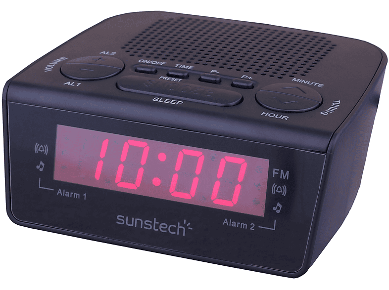 Radio despertador - Sunstech FRD 18, AM/FM, 10 presintonías, Función snooze, LED, Negro