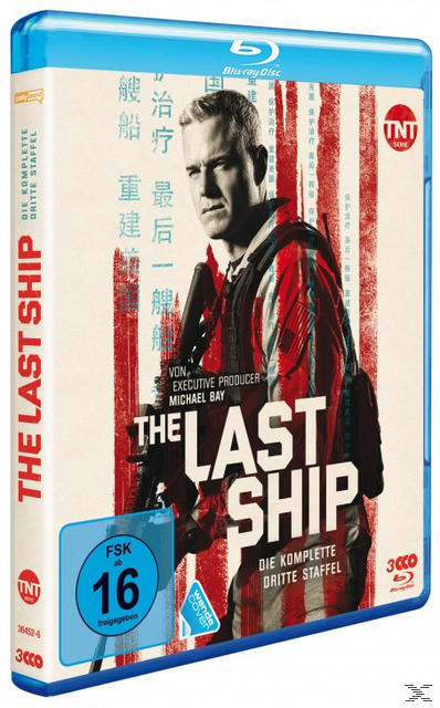 Eine blaue Blu-ray-Hülle mit einem Mann auf dem Cover. Text in mehreren Sprachen. Der Titel ist 'The Last Ship'.