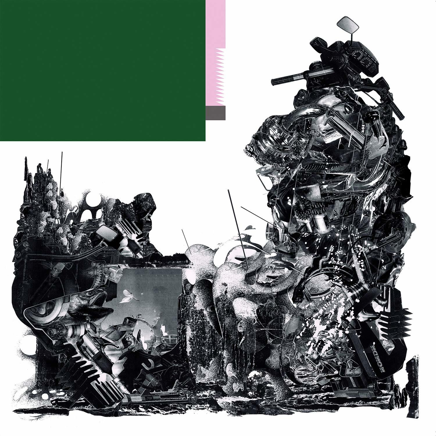 Abstrakte Kunst. Eine Mischung aus dunklen mechanischen Teilen und Formen mit grünem und rosa Hintergrund.