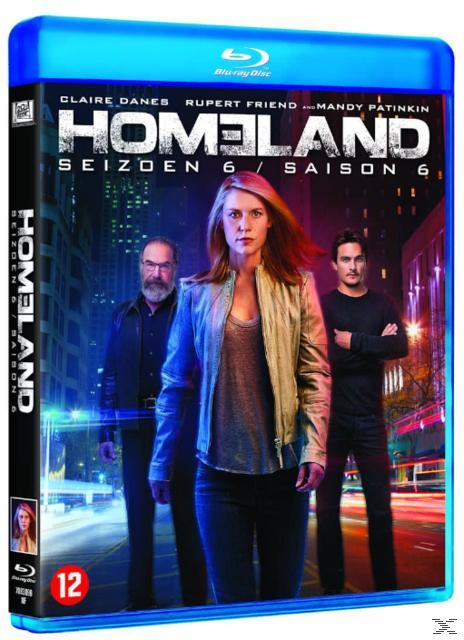 DVD-hoes: Mensen in een stedelijke omgeving. Titel: 'Homeland', Seizoen 6. Blauw-wit kleurenschema.