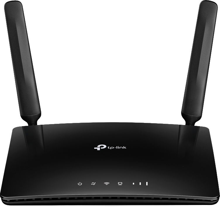 Routeur tp-link noir avec deux antennes et voyants, sur fond blanc.