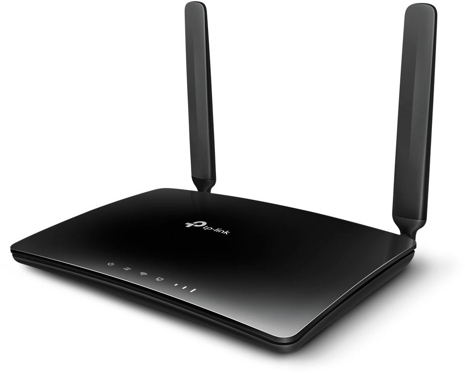 Un routeur TP-Link noir avec deux antennes. Le routeur est sur un fond blanc.