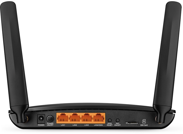 Routeur noir avec deux antennes, ports d'alimentation et LAN.