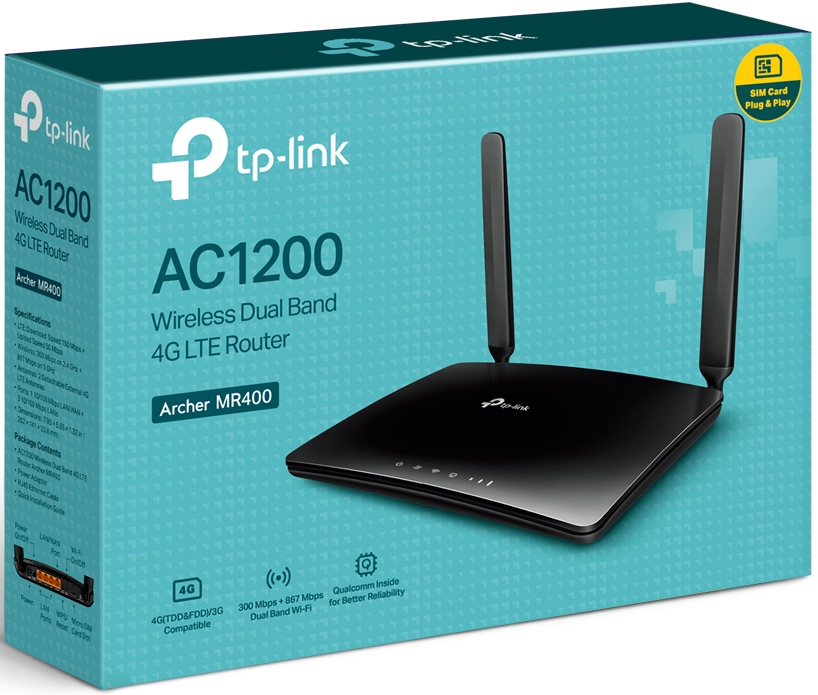 Routeur Tp-link dans une boîte avec des antennes, avec un design bleu et blanc.