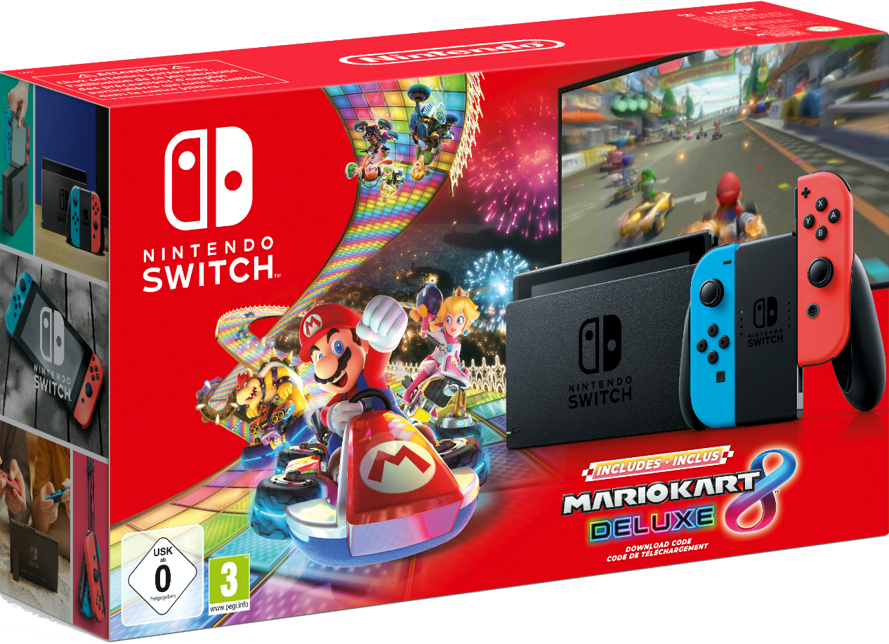 NINTENDO Switch neonrot/blau (neue Edition) mit Mario Kart 8 Deluxe (digitale Vollversion)
