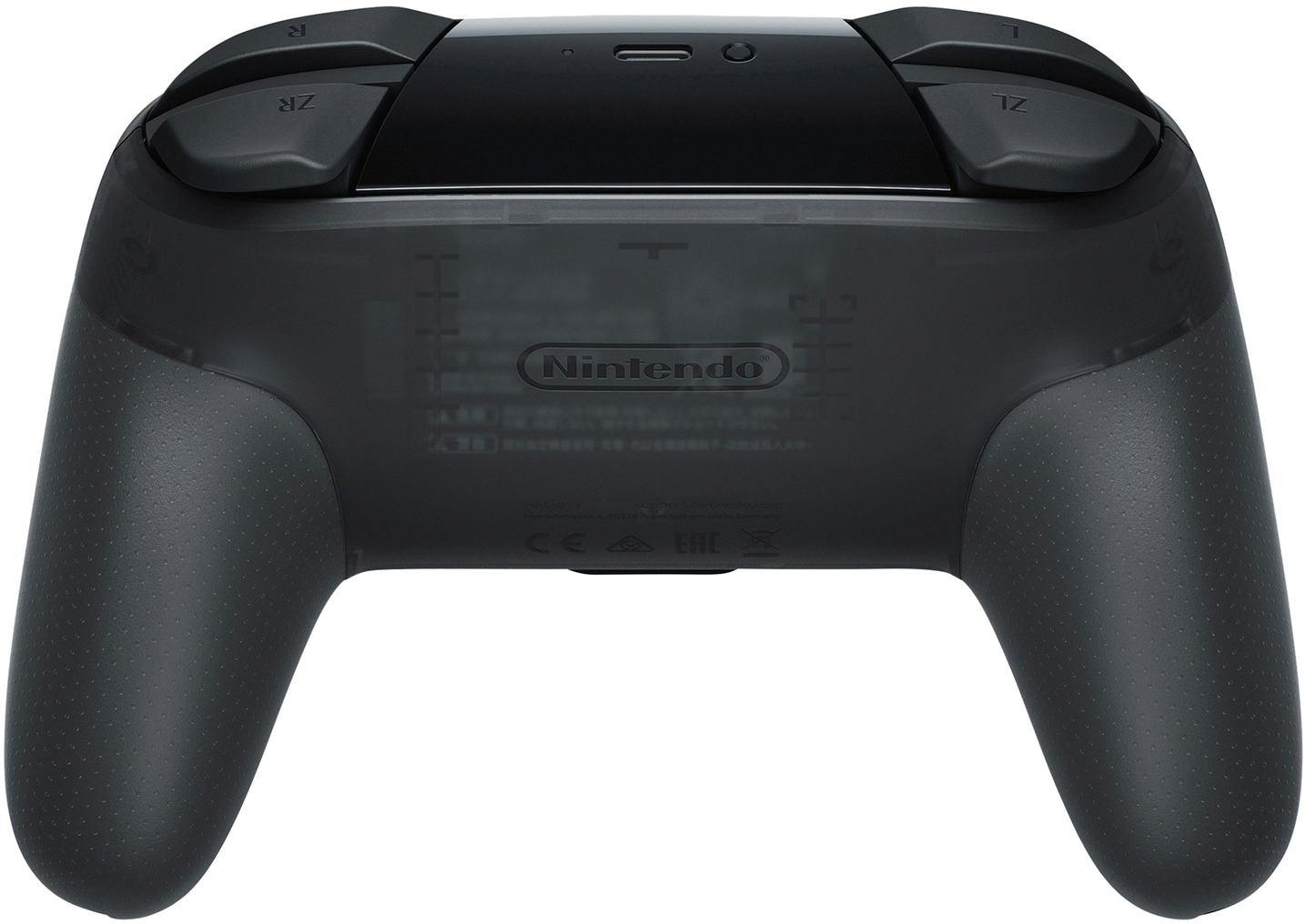 Dos d'une manette Nintendo Switch noire avec intérieur visible et boutons noirs.