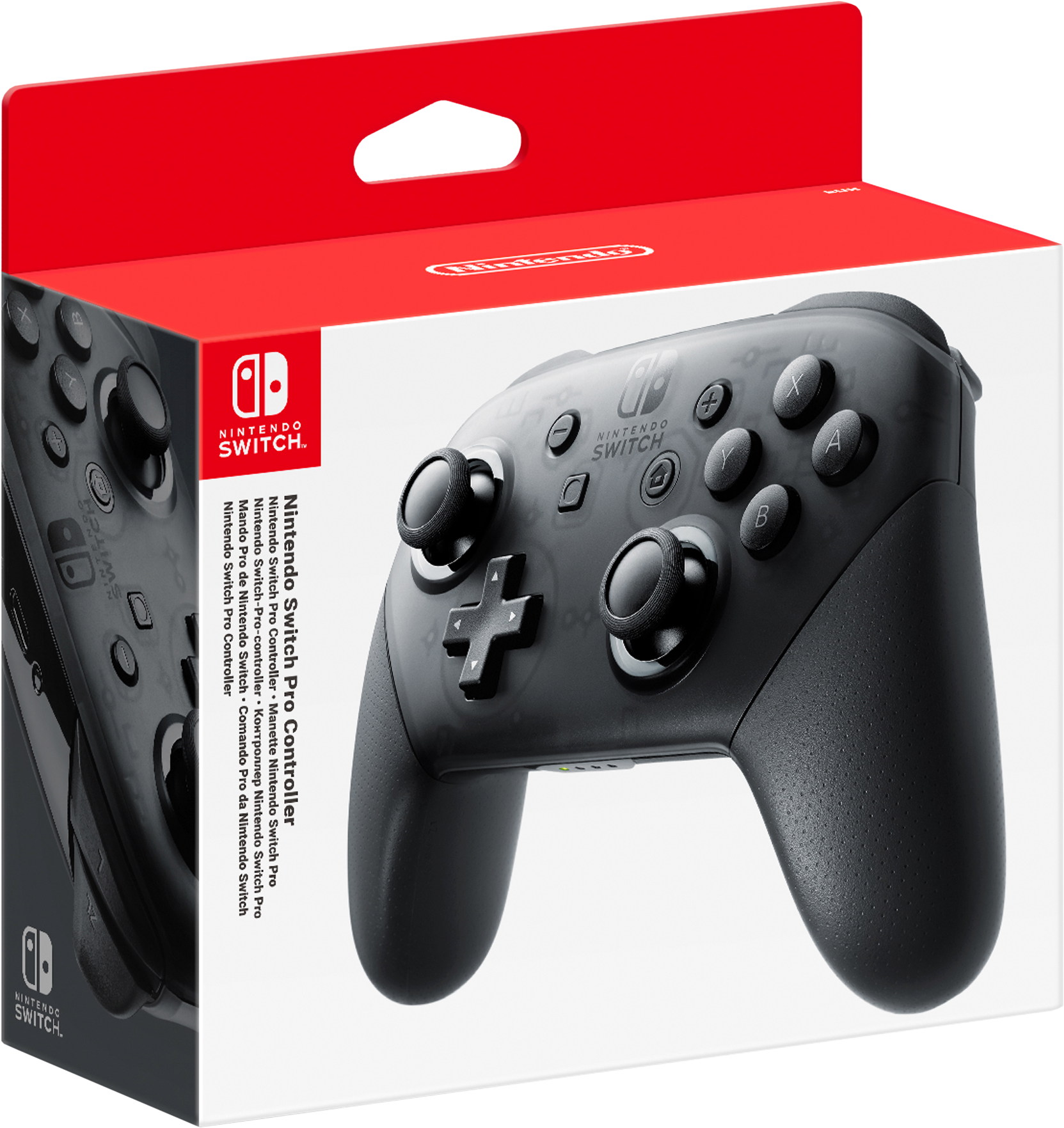 Manette Nintendo Switch Pro dans une boîte blanche avec un dessus rouge. La manette est gris foncé.