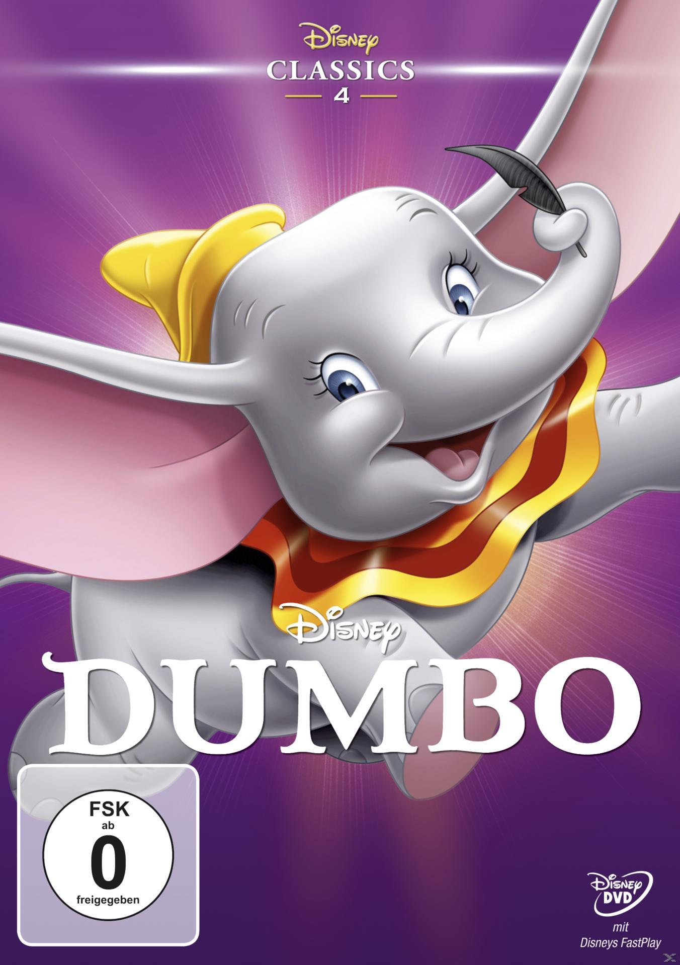 Dumbo DVD-Cover. Dumbo, der Elefant, mit gelbem Hut und Disney-Logo.
