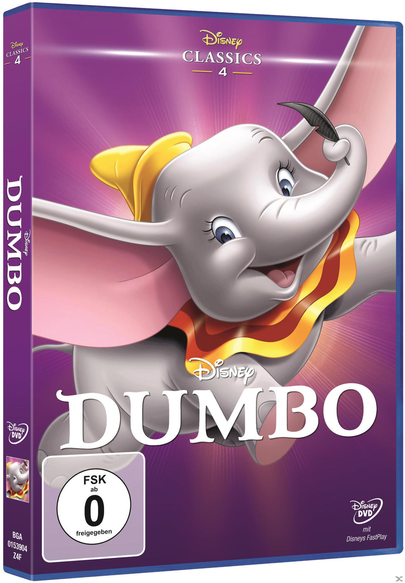 DVD-Hülle von Disneys Dumbo. Es hat ein lila Cover mit Dumbo beim Fliegen und Text.