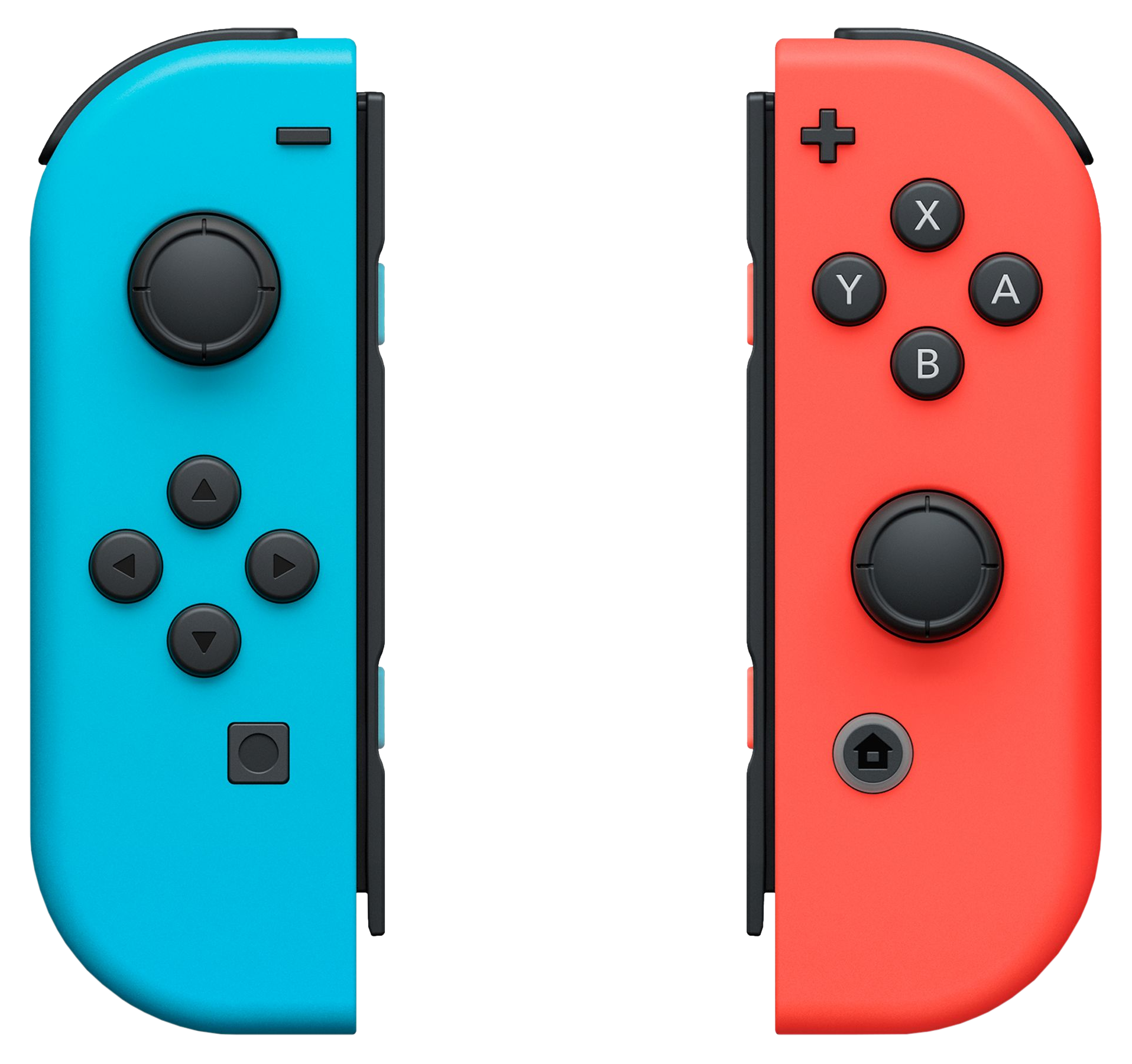 Zwei Nintendo Switch Joy-Con-Controller, einer blau und einer rot, mit Knöpfen und Joysticks.