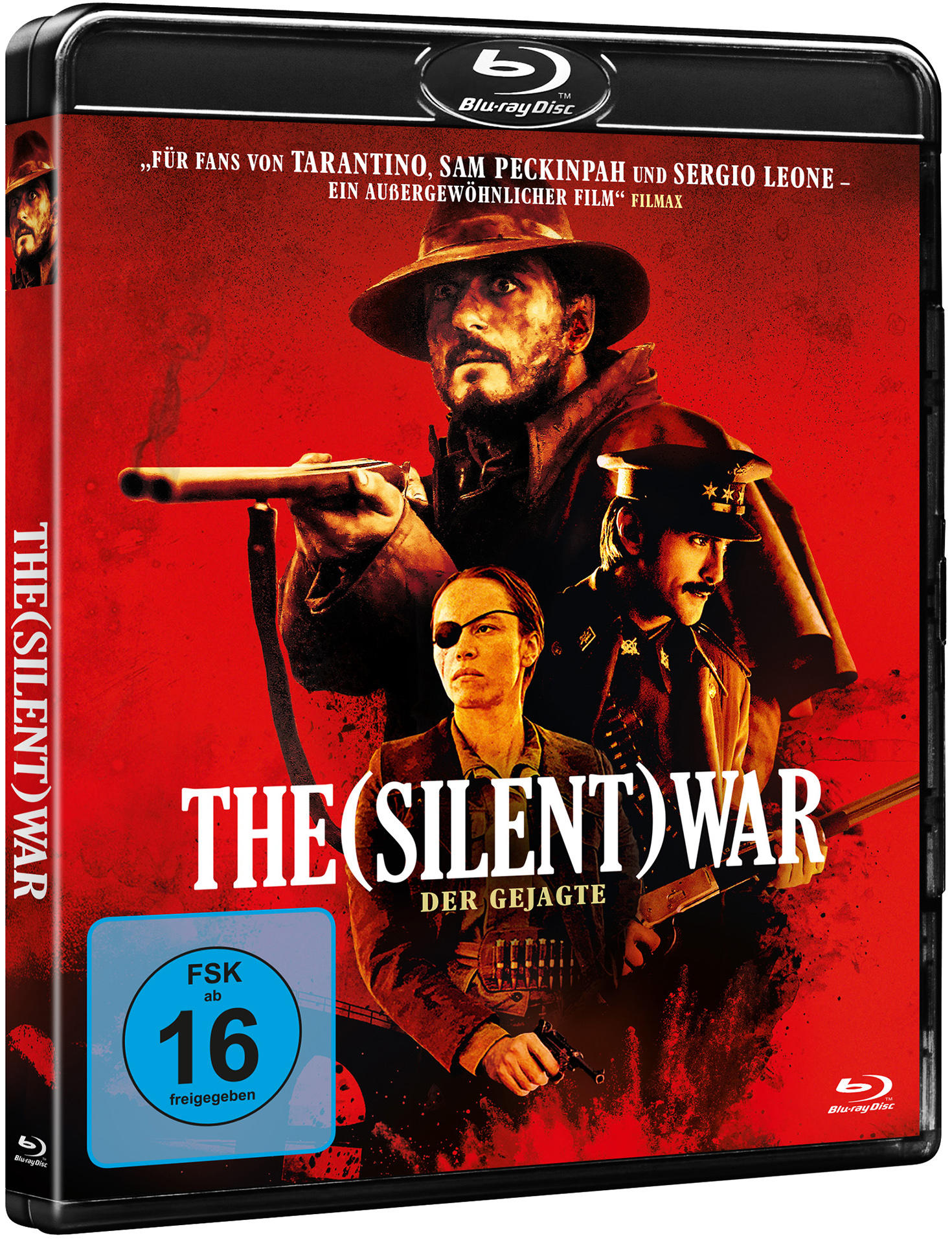 Blu-ray-Cover: 'The Silent War'. Enthält Männer mit Hüten. Roter Hintergrund mit Text.