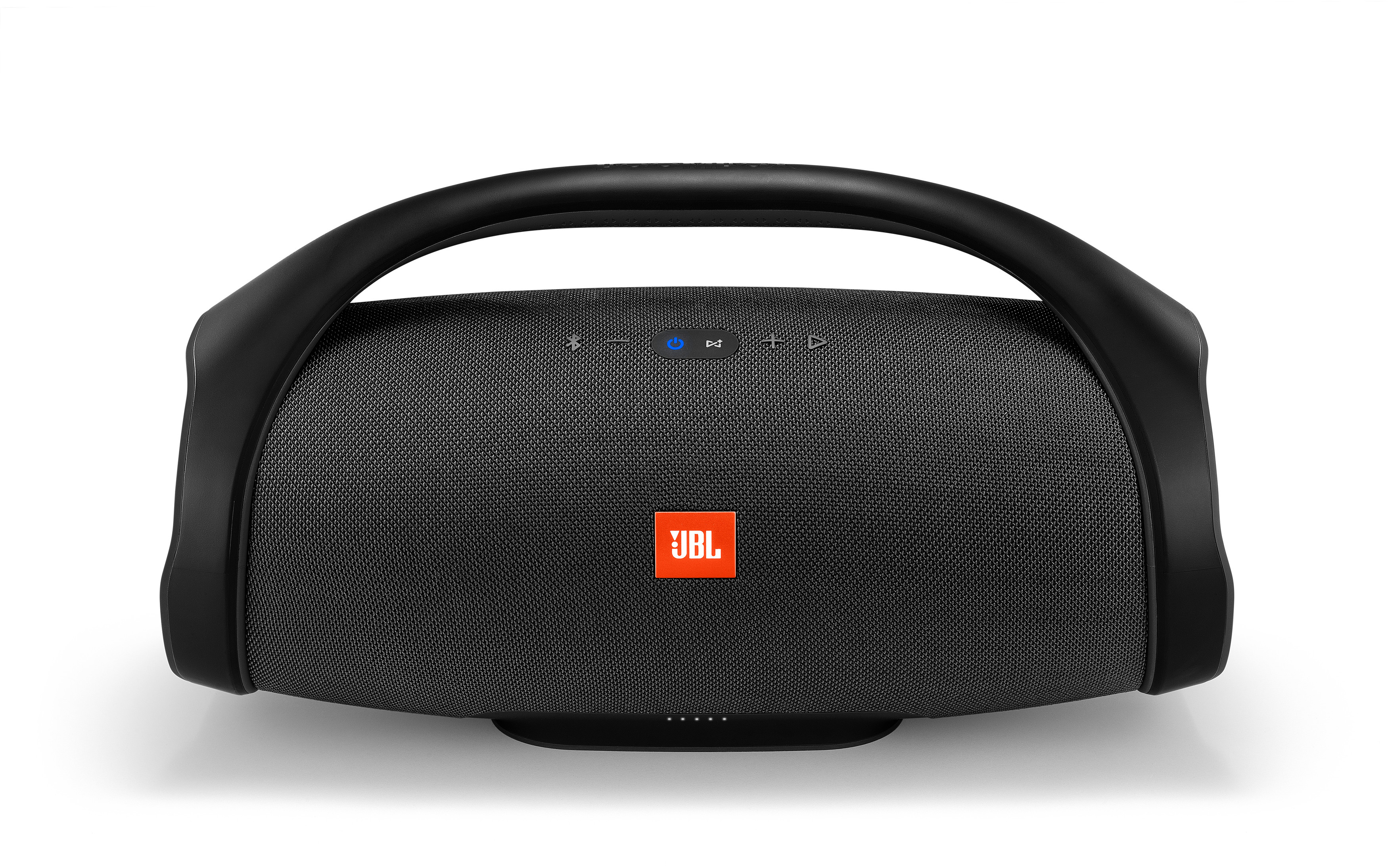 Schwarze JBL Boombox mit grauem Lautsprecher und Griff.