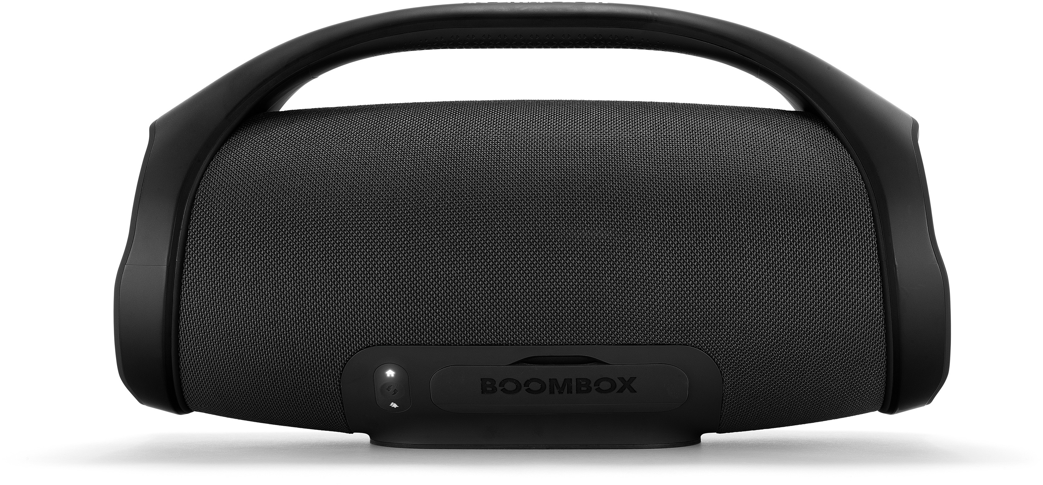 Schwarzer Boombox-Lautsprecher. Er hat einen Griff oben und das Boombox-Logo unten.
