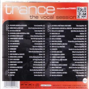 CD-Cover mit 'Trance - The Vocal Session' Text und Titelliste, in Rot und Schwarz.